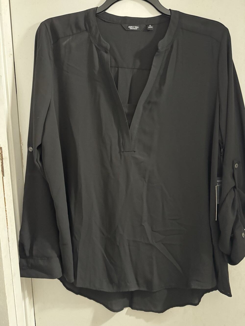 Simply Vera Vera Wang Blouse Women XL Black Roll Tab Sleeve Split V Neck